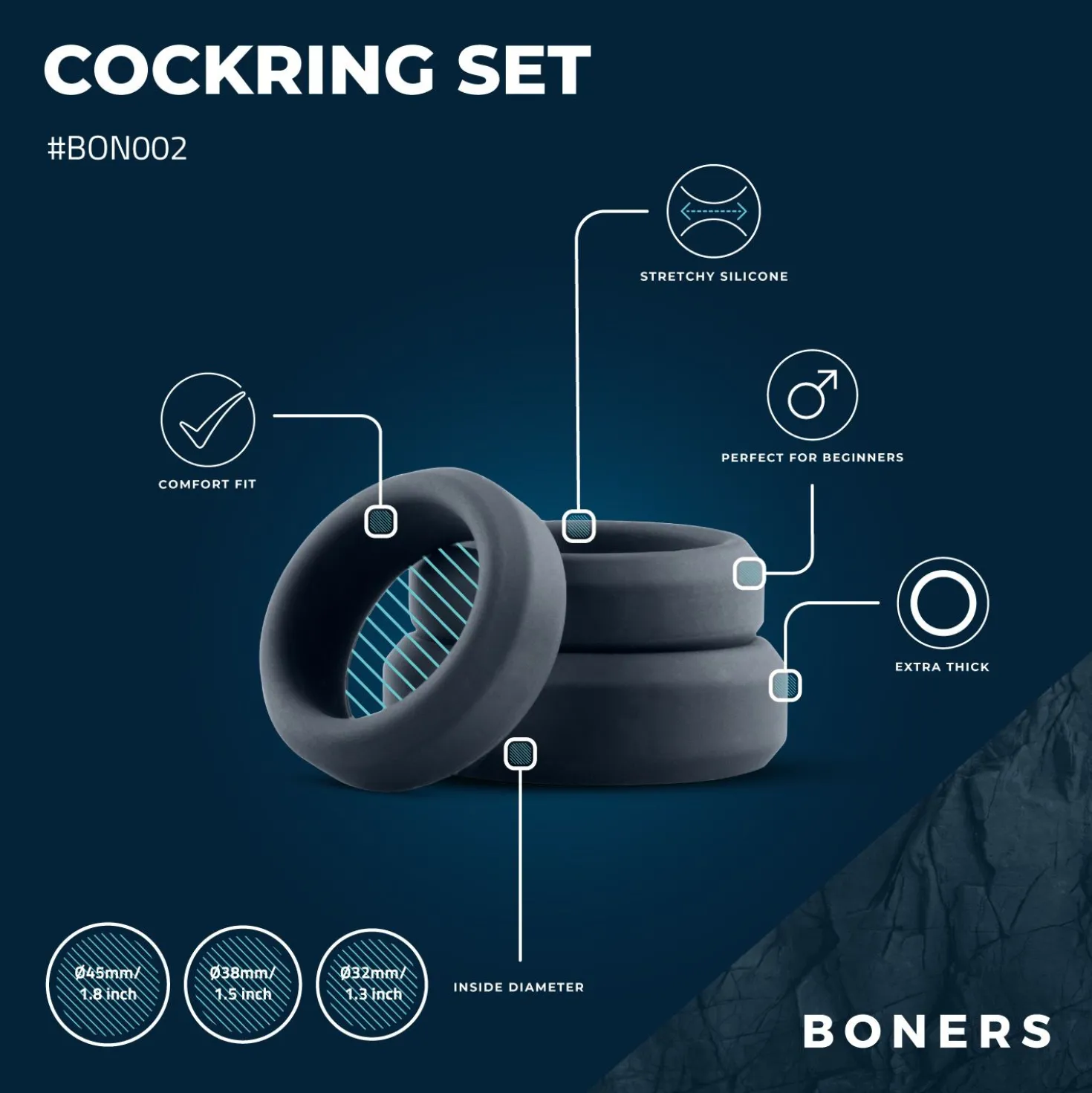 Boners - Kit de 3 anneaux péniens (plats) - Silicone