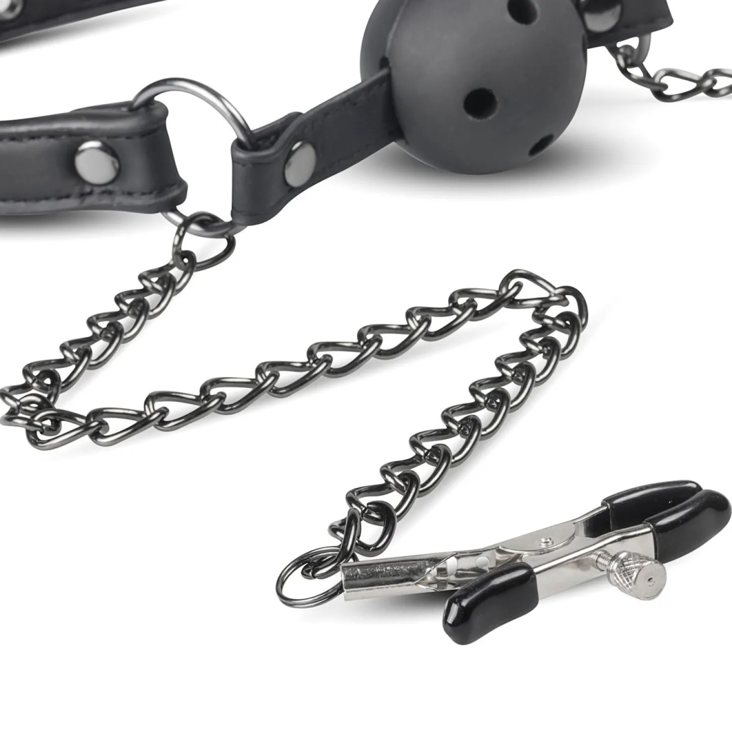Easytoys Fetish - Bâillon à boule ouvert avec pinces à tétons