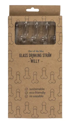 Paille en Verre en Forme de Pénis avec Brosse de Nettoyage Willy - 4 pièces