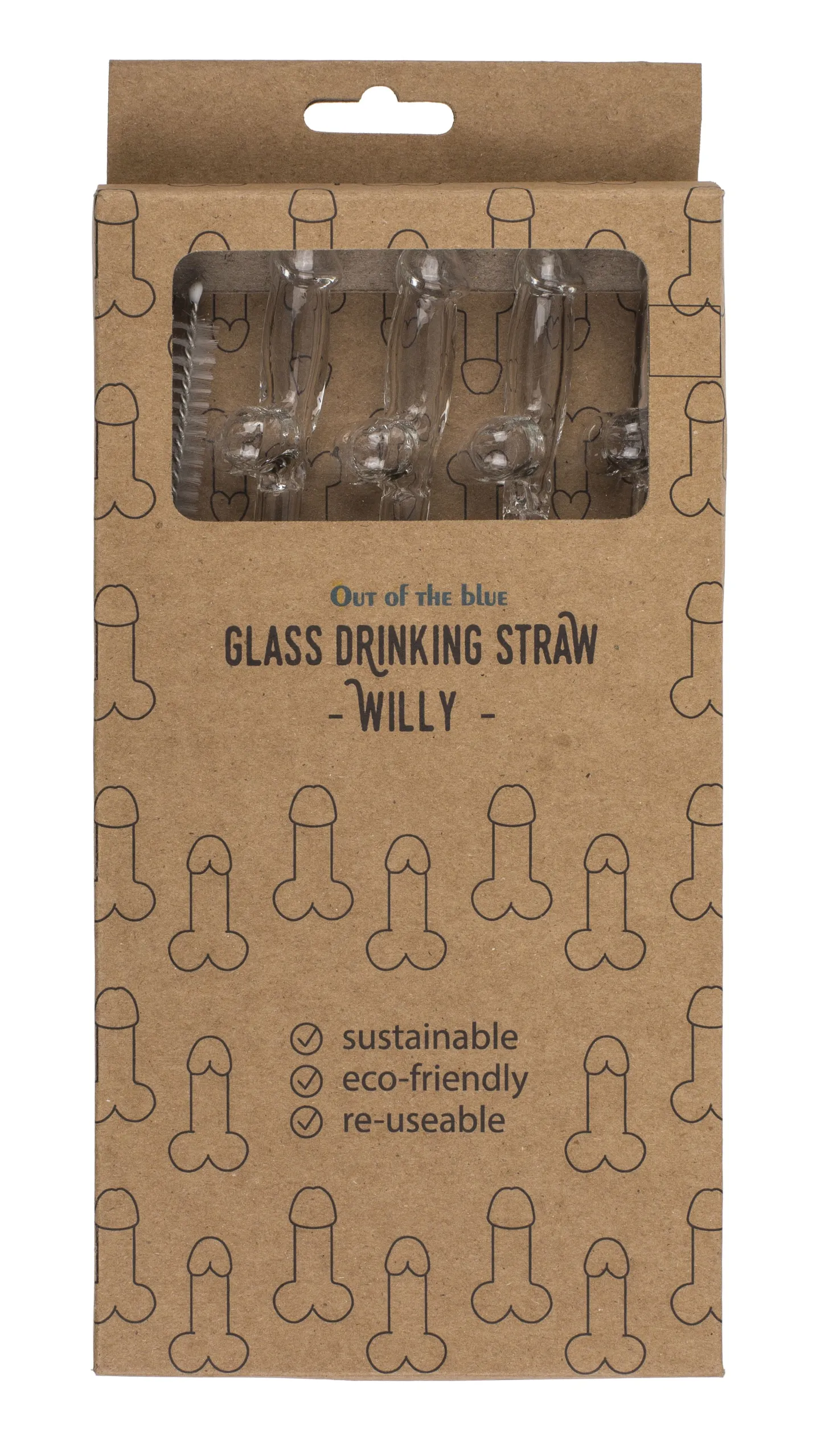 Paille en Verre en Forme de Pénis avec Brosse de Nettoyage Willy - 4 pièces
