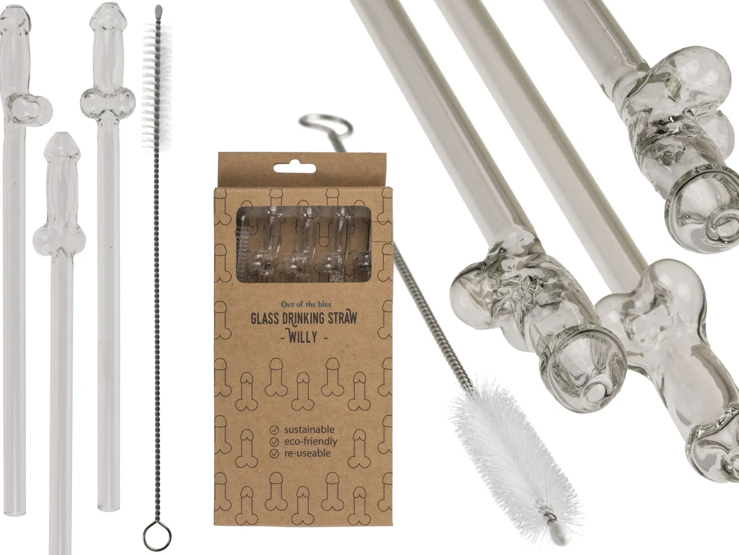 Paille en Verre en Forme de Pénis avec Brosse de Nettoyage Willy - 4 pièces